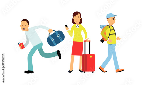 People Characters Carrying Luggage and Holding Tickets Vector Illustration Set