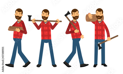 Man Lumberjack in Check Shirt Carrying Wood Chopper and Logs Vector Illustration Set