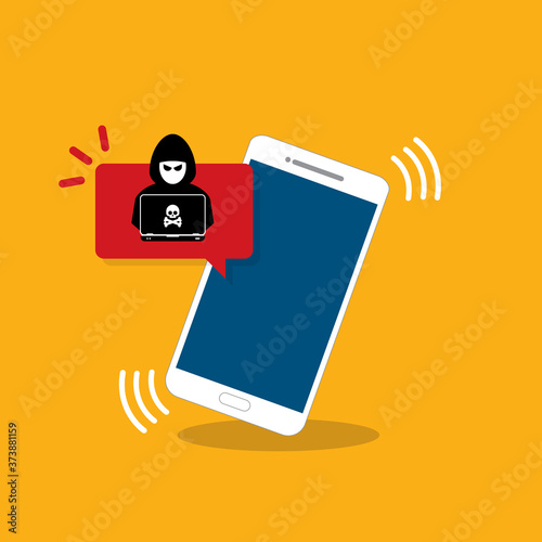 Malware notification on mobile phone. Smartphone with alert, spam data on cellphone fraud error message, scam, virus. Flat vector illustration.