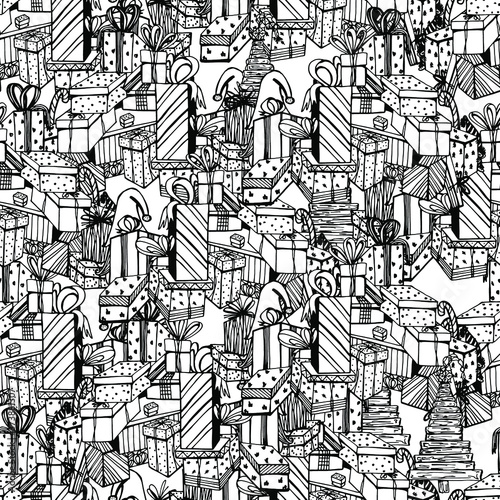 Coloring pattern with a Christmas tree, boxes with gifts. Festive drawing for children and adults. Christmas. Birthday. One of a series of handmade liner graphics. For wallpaper, textile, design.