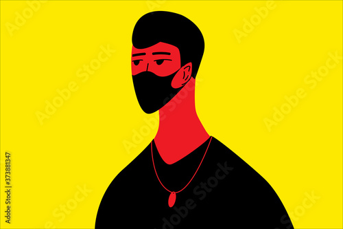 Modern young fashionable man in protective mask. Protection, rules, caution, health, convid, trend. Vector illustration. 