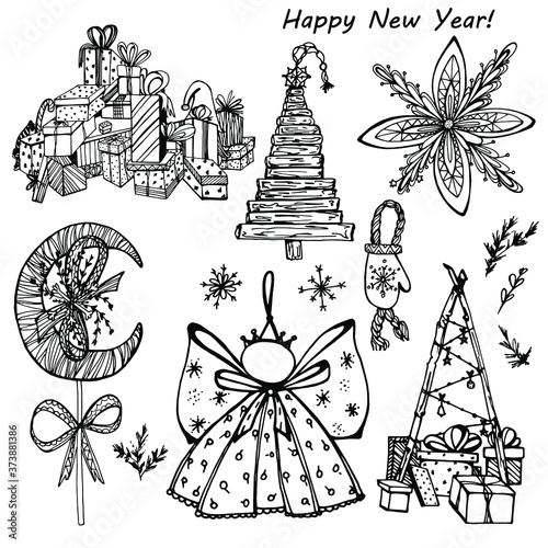 Set of Christmas coloring book, tree, boxes with gifts, angel, star, month. Festive drawing for children and adults. Christmas. New year set of hand graphics. For printshop, textile, design, banner.