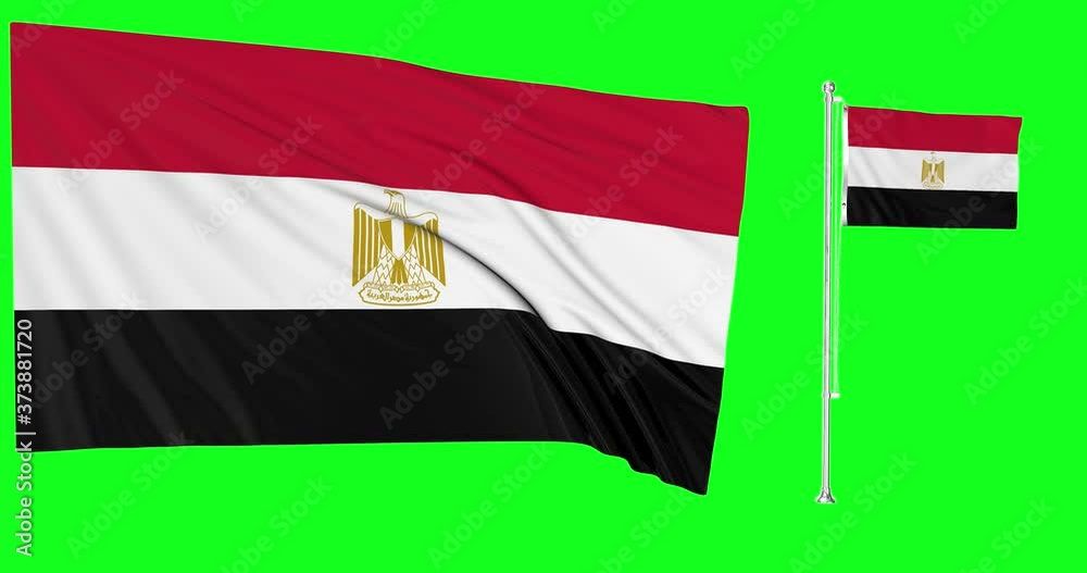 Green screen hiper realistic  of Egypt two flags waving in the wind egyptian flagpole fluttering with highly detailed fabric texture animation 4k 3d chroma key