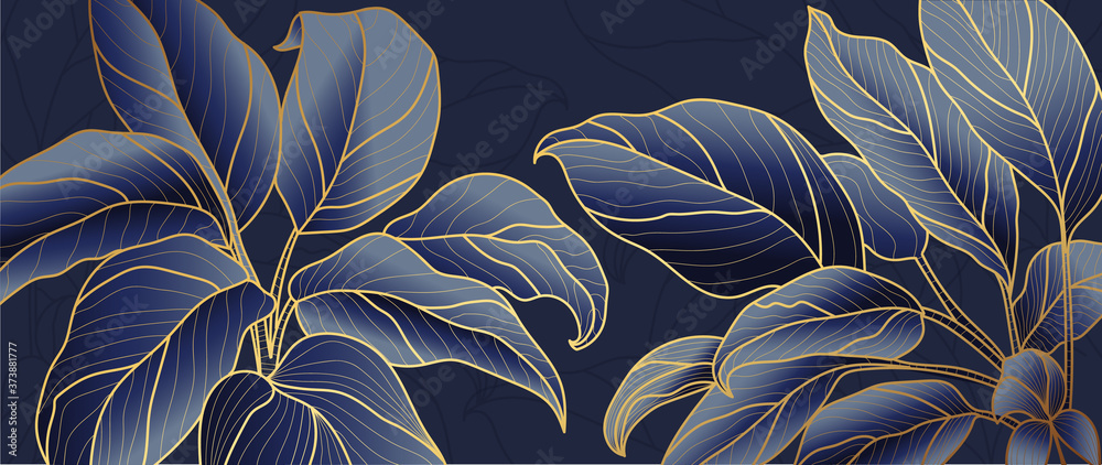 Golden leaf botanical modern art deco wallpaper background vector. Line ...