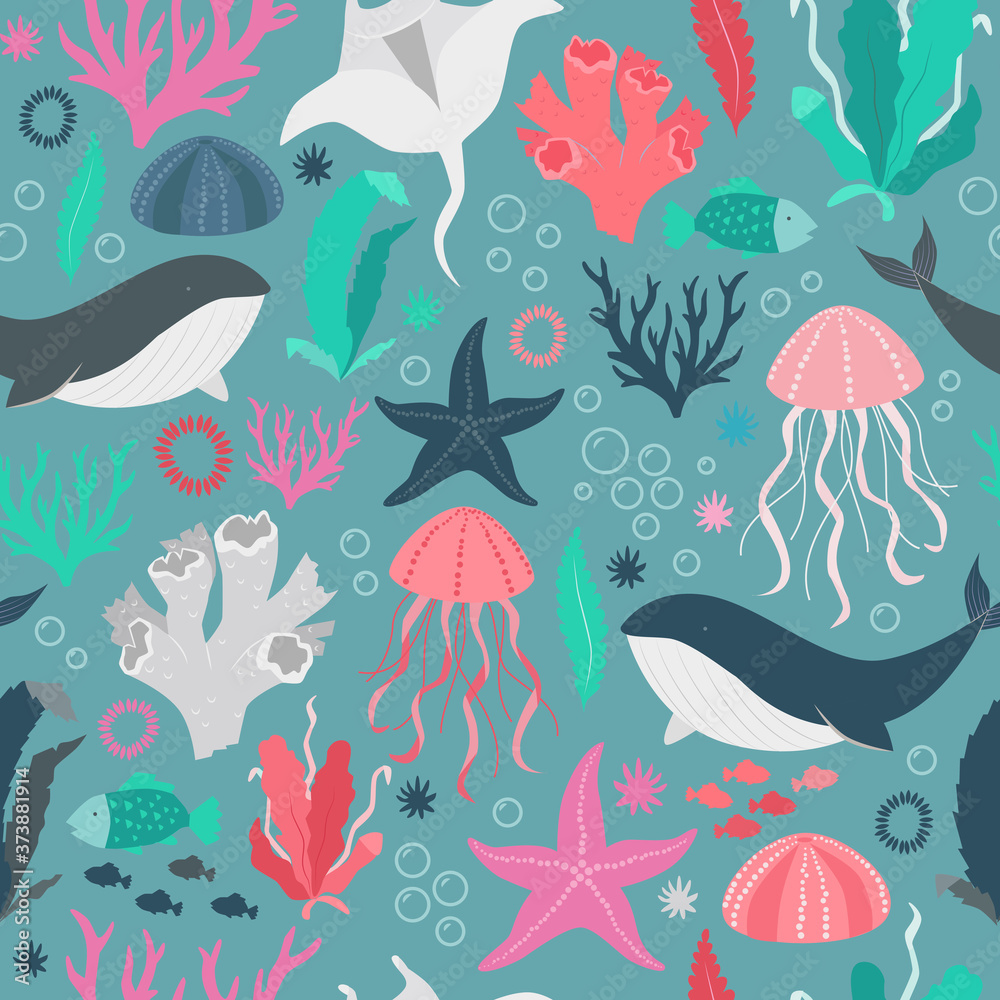 Pattern design for kids - under the sea. Vector illustration. Seamless pattern.