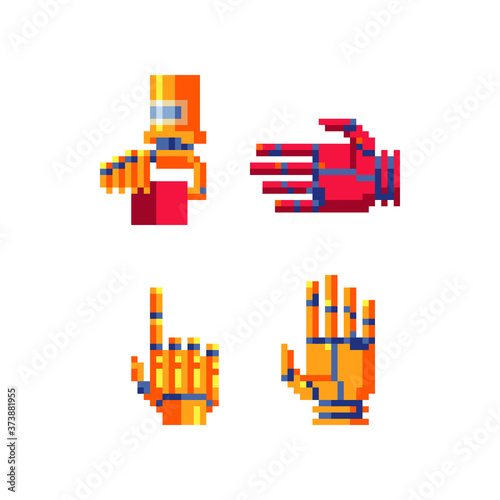 Pixel art robot android arm. Automation icon. Forefinger up, cursor icons set. 8-bit sprite. Game assets. Isolated abstract vector illustration.