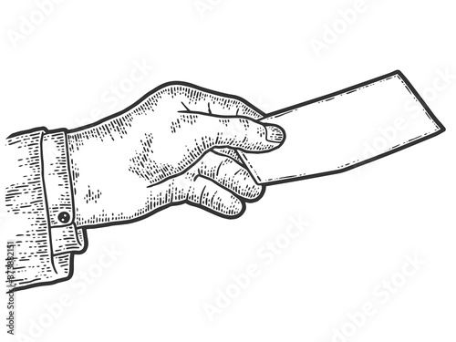 Hand passes a blank sheet of paper. Sketch scratch board imitation.