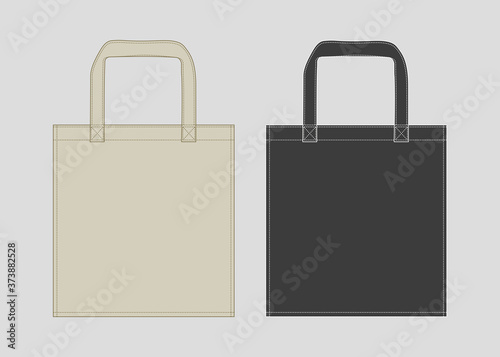 Creme and black tote bag mockup set isolated on gray background. Vector EPS 10 illustration template.