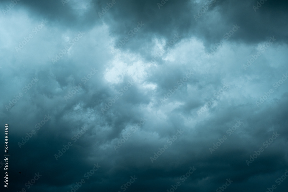 Fototapeta premium Dark cloudy sky before thunderstorm panoramic background. Storm heaven panorama. Wide gloomy backdrop