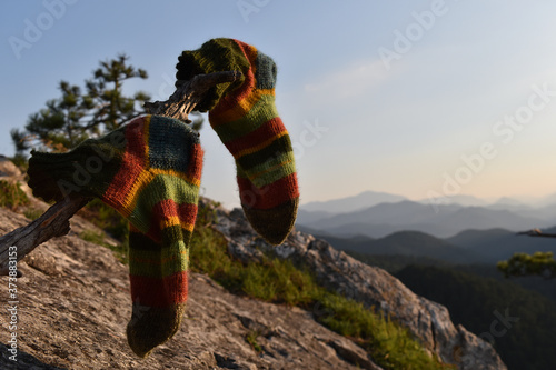 Urlaub in den Bergen, Socken trocknen auf Ast, Ringelsocken beim Bergsteigen für Ferien zu Hause in den Alpen, Flucht ins Grüne, Escape