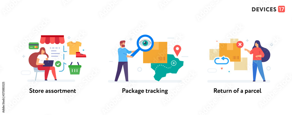 people and parcels set of icons, illustration. Smartphones tablets user interface online shopping. Flat illustration Icons infographics. Landing page site print poster.