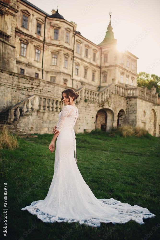 young beautiful bride in a white wedding dress posing on the background of an ancient castle young beautiful bride in a white wedding dress posing on the background of an ancient castle