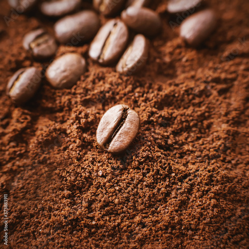 Beautiful aromatic roasted coffee beans lie on the ground coffee, illuminated by a soft light. An ingredient for an invigorating drink.