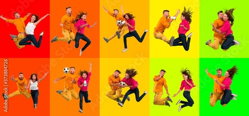 Collage of portraits of 2 young jumping people  couple on multicolored background in motion and action. Concept of human emotions  facial expression  sales. Smiling  cheerful  happy. Using devices