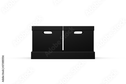 Four black cardboard boxes on paper palette, mockup template on isolated white background, 3d illustration