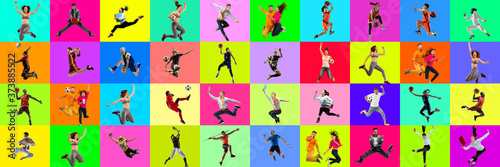 Collage of portraits of 23 young jumping people on multicolored background in motion and action. Concept of human emotions, facial expression, sales. Smiling, cheerful, happy. Basketball, ballet