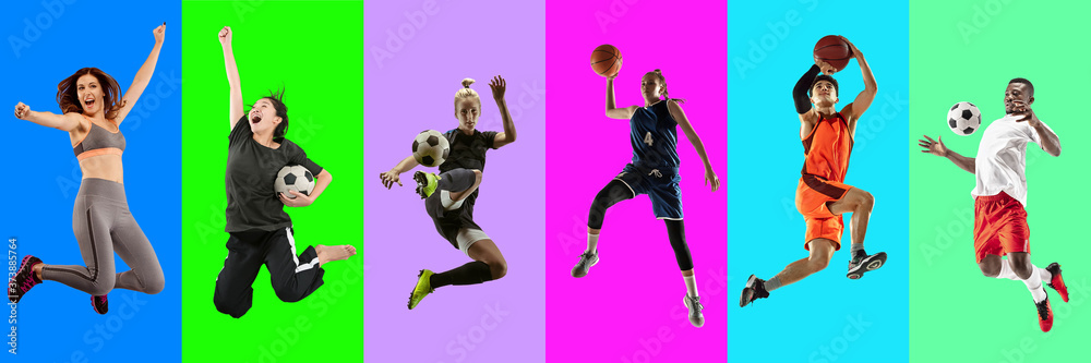 Collage of portraits of 6 young jumping people on multicolored background in motion and action. Concept of human emotions, facial expression, sales. Smiling, cheerful, happy. Basketball, ballet