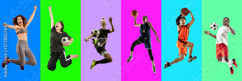 Collage of portraits of 6 young jumping people on multicolored background in motion and action. Concept of human emotions, facial expression, sales. Smiling, cheerful, happy. Basketball, ballet