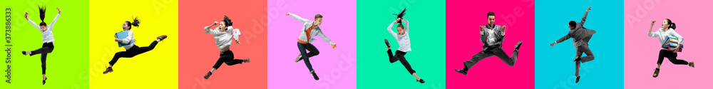 Collage of portraits of 4 young jumping people on multicolored background in motion and action. Concept of human emotions, facial expression, sales. Smiling, cheerful, happy. Ballet dancers in office - obrazy, fototapety, plakaty 