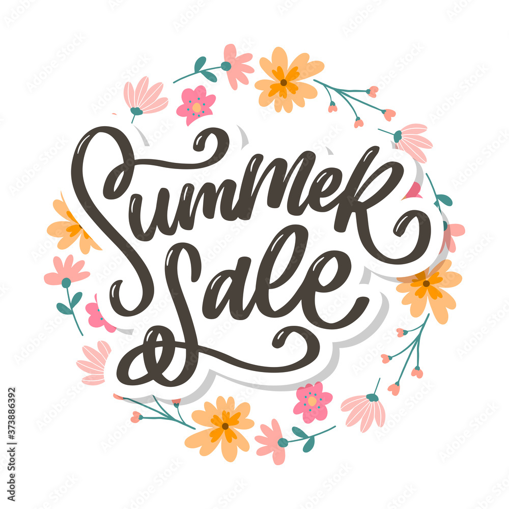 Trendy floral vector template. Summer flowers and Summer sale lettering illustration.