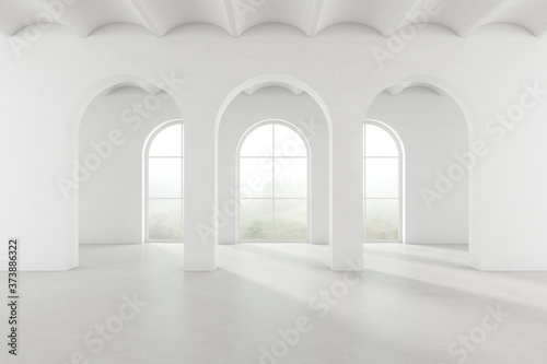3d render of empty white room with arch door and concrete floor on nature background.