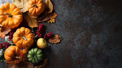 Autumn background decor from pumpkins, berries, red apples and leaves on dark stone background. Flat lay, top view with copy space for Autumn, fall, Thanksgiving and Halloween concept.