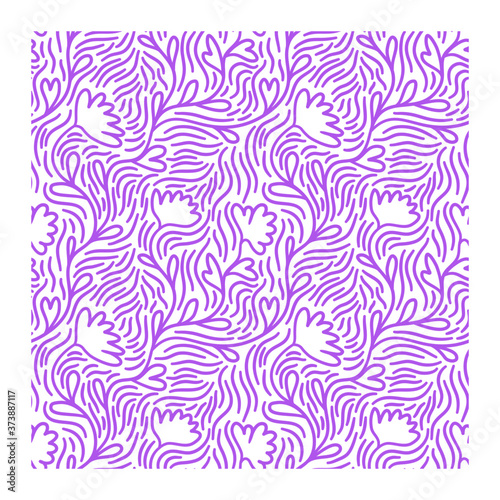 Seamless pattern of lilac flowers and waves.