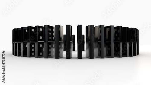 3D rendering of black Domino checkers standing in a circle on a white background isolated. The idea of the game  good luck and success.