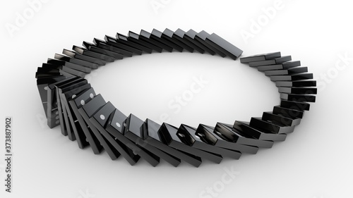 3D rendering of black Domino checkers standing in a circle on a white background isolated. Some of the pieces fell and caused the rest to fall. One remained standing. The idea of reliability.