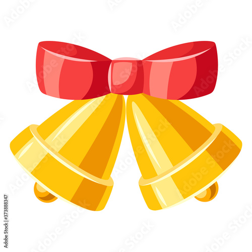Illustration of golden bells with red bow.