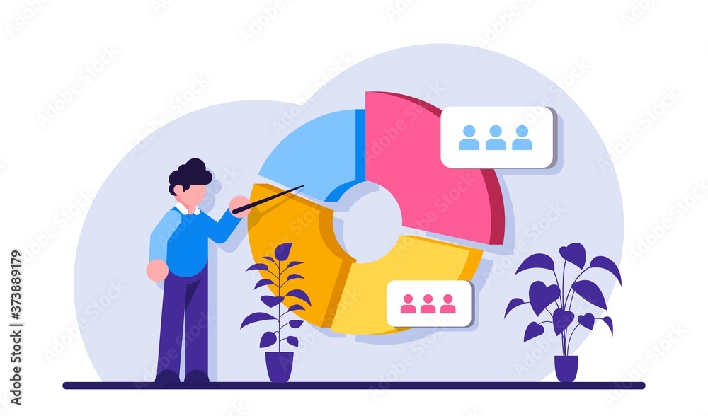 Audience segmentation concept. Man near a large circular chart with images of people. Colorful infographic. Modern flat illustration. Audience segmentation concept. Man near a large circular chart with images of people. Colorful infographic. Modern flat illustration.