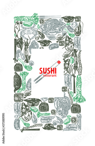 Sketch of Japanese and Chinese cuisine, rolls, sushi, colorful banners. Design templates with hand-drawn sushi, rolls, Chinese food, Japanese food. A linear pattern. High detail.