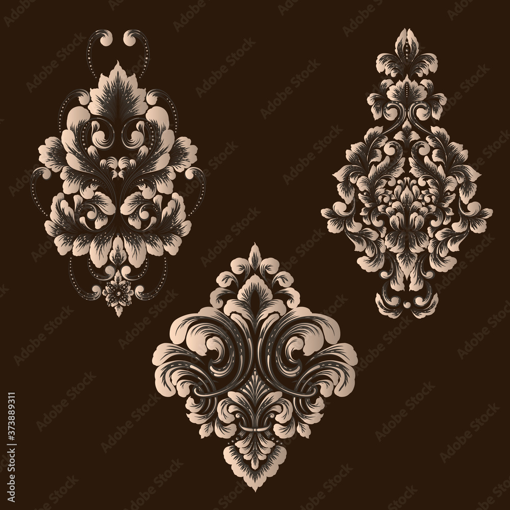 Vector set of damask ornamental elements. Elegant floral abstract elements for design. Perfect for invitations, cards etc. Vector set of damask ornamental elements. Elegant floral abstract elements for design. Perfect for invitations, cards etc.