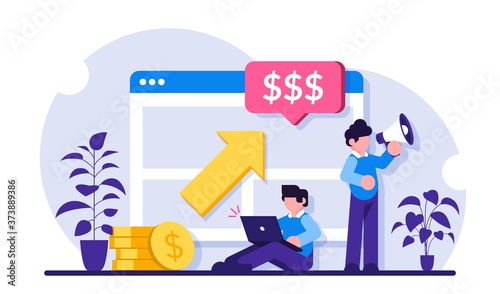 PPC campaign concept. Pay Per Click illustration. Man with a laptop and a loudspeaker advertise a product or customer service. Modern flat illustration.