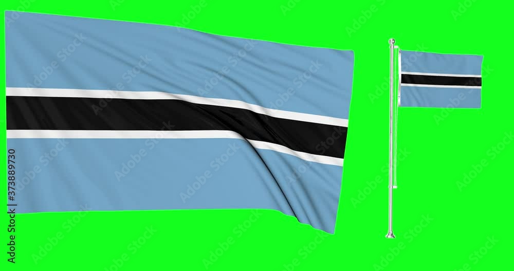 Green screen hiper realistic  of Botswana two flags waving in the wind botswanan flagpole fluttering with highly detailed fabric texture animation 4k 3d chroma key