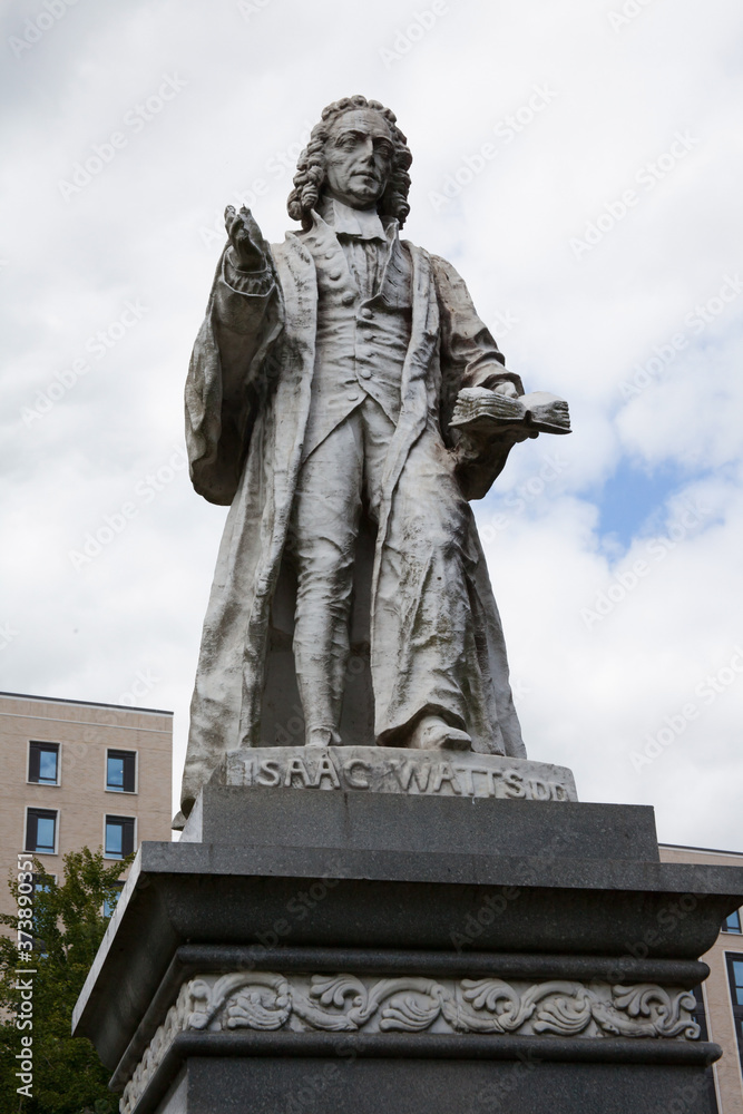 A statue of Isaac Watts a well known hymn writer and Christian Minister at Watts Park in Southampton, Hampshire, UK