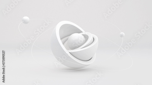 White hemispheres and ball. Monochrome abstract illustration, 3d render.
