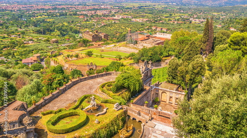Old medieval park with ruins, fountains and sculptures on  outskirts of Rome