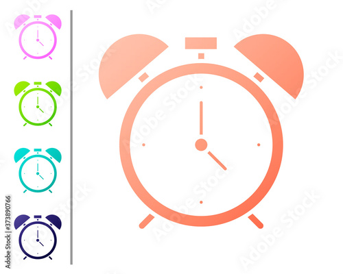 Coral Alarm clock icon isolated on white background. Wake up, get up concept. Time sign. Set color icons. Vector.