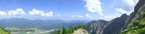 wide angle panorama of schoettelkar and bavarian upland, kruen, bavaria, germany