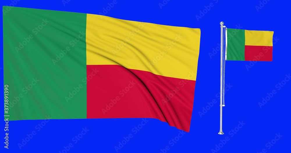 Green screen hiper realistic of Benin two flags waving in the wind beninese flagpole fluttering with highly detailed fabric texture animation 4k 3d chroma key