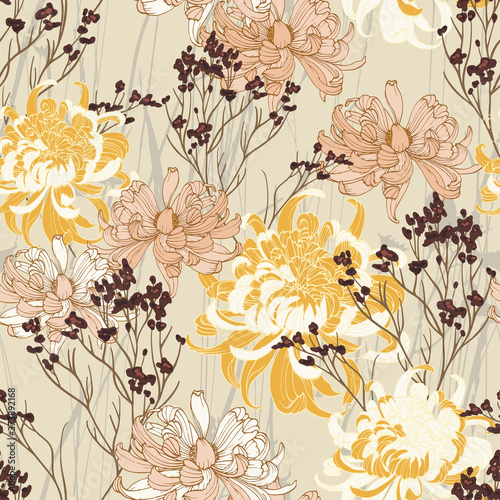 Elegant seamless graphic pattern with lush chrysanthemums