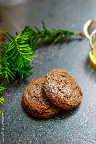 Christmas cookies with chocolate in powdered sugar coniferous branch on the table