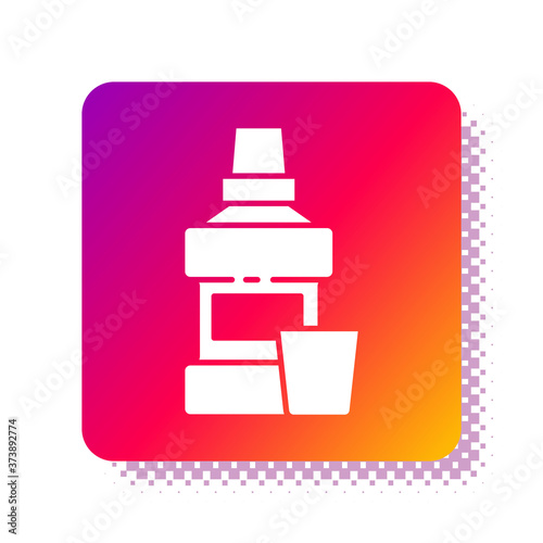 White Mouthwash plastic bottle and glass icon isolated on white background. Liquid for rinsing mouth. Oralcare equipment. Square color button. Vector.