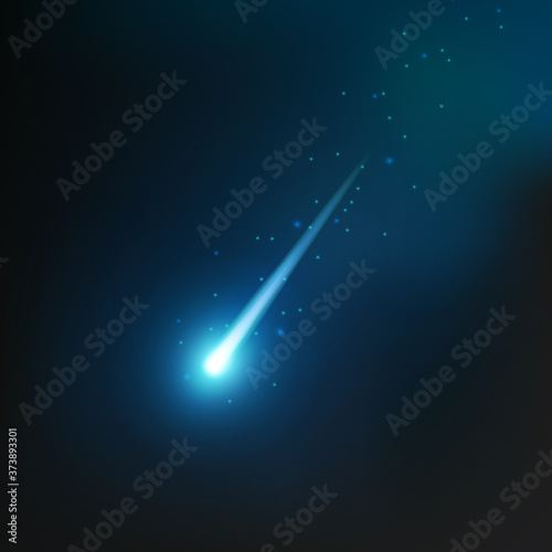 Comet shooting effect and glowing asteroids, stars at night sky. Blue falling meteorites on black background. Vector cosmos starlight trail for your design
