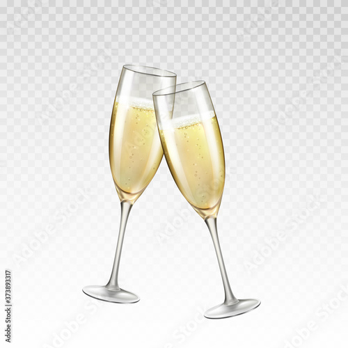Champagne or golden wine glasses isolated on transparent background. Vector greating Happy New Year alcohol toast wineglass. 3d festive wedding event elements with drink