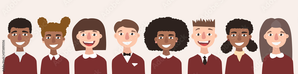 Back to school template. multinational group of smiling children isolated. Kids dressed in uniform standing together on horizontal banner. Society kid. Flat stock vector illustration. group of pupil. Back to school template. multinational group of smiling children isolated. Kids dressed in uniform standing together on horizontal banner. Society kid. Flat stock vector illustration. group of pupil.