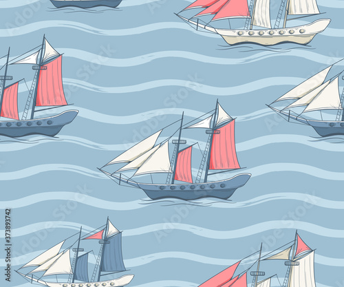 Seamless pattern with sailing yachts, lighthouses and seagulls. Striped seamless nautical pattern
