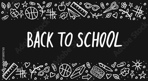 Back to school Vector Lettering and hand-drawn chemistry elements. Template frame on black background. Vector chalck illustration