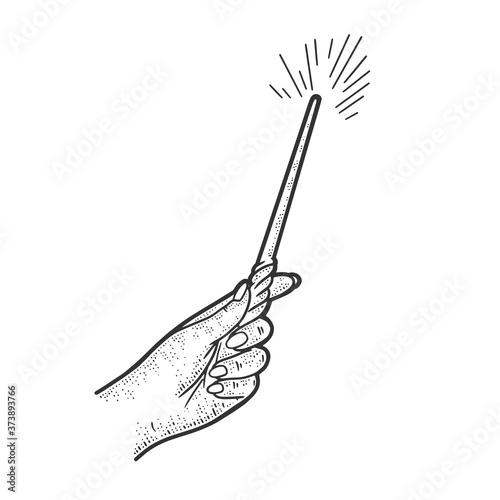 Magic wand in hand sketch engraving vector illustration. T-shirt apparel print design. Scratch board imitation. Black and white hand drawn image.